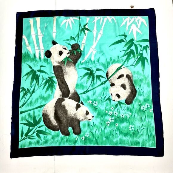 NWOT Silk Triangle Brand Scarf Panda Print Hand Rolled and Printed 29” Square - Picture 1 of 9